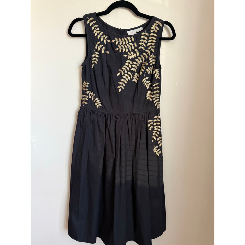 eShakti Cotton Embroidered A Line Dress Gold Botanical Pockets Sz S Event Party - Picture 9 of 11